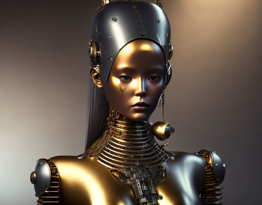 Detailed humanoid robot with female appearance and metallic features