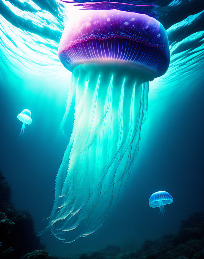 Large Purple Jellyfish with Long Tentacles Swimming Among Smaller Jellyfish Underwater with Light Rays