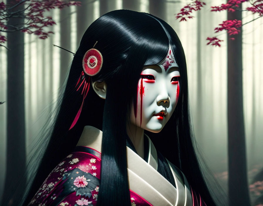 Geisha digital art: Black-haired figure with white face and red streaks in bamboo setting.