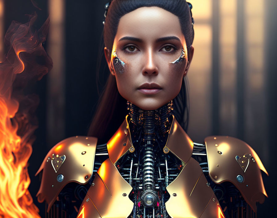 Female humanoid robot with metallic features and glowing orange elements.