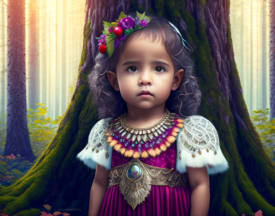 Child in fantasy costume with fruit headband in mystical forest.