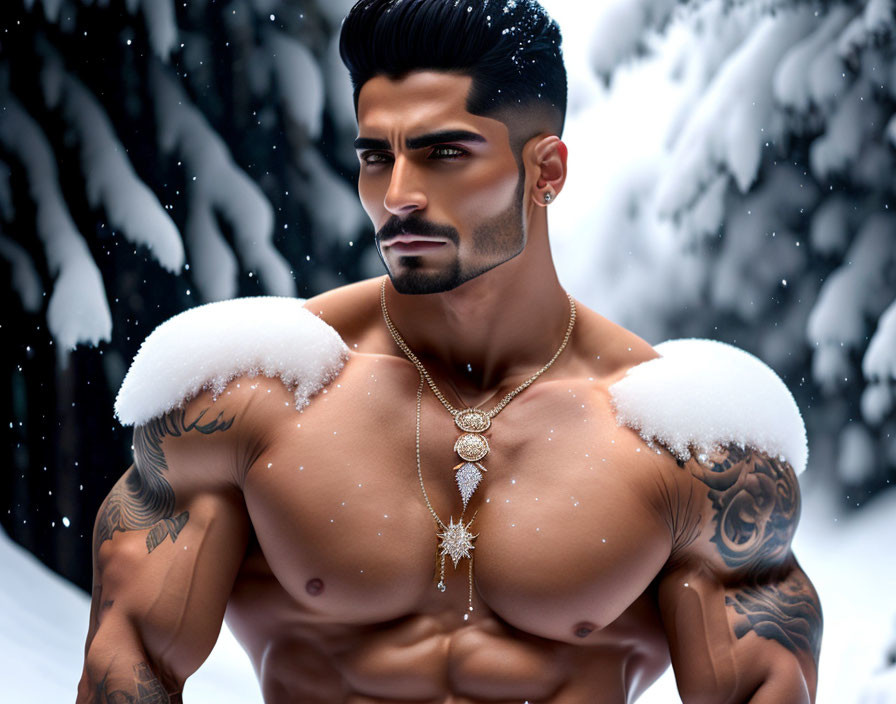 Muscular man with tattoos and beard in gold necklaces against snowy forest.