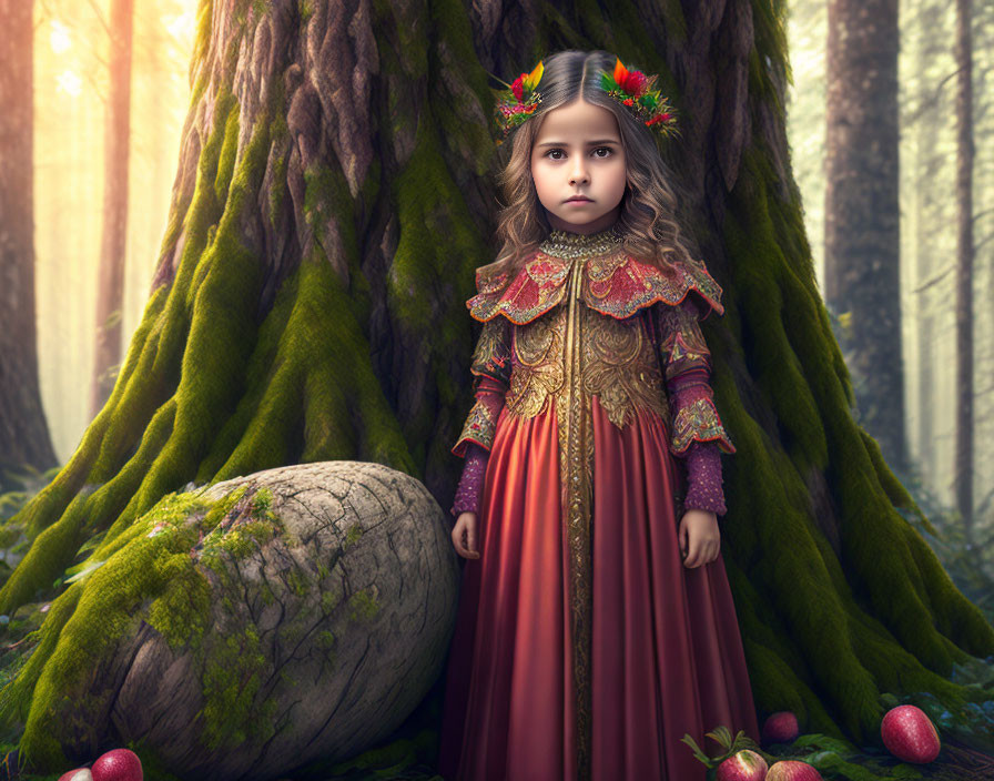 Medieval-themed image of a young girl in a red gown by a forest tree