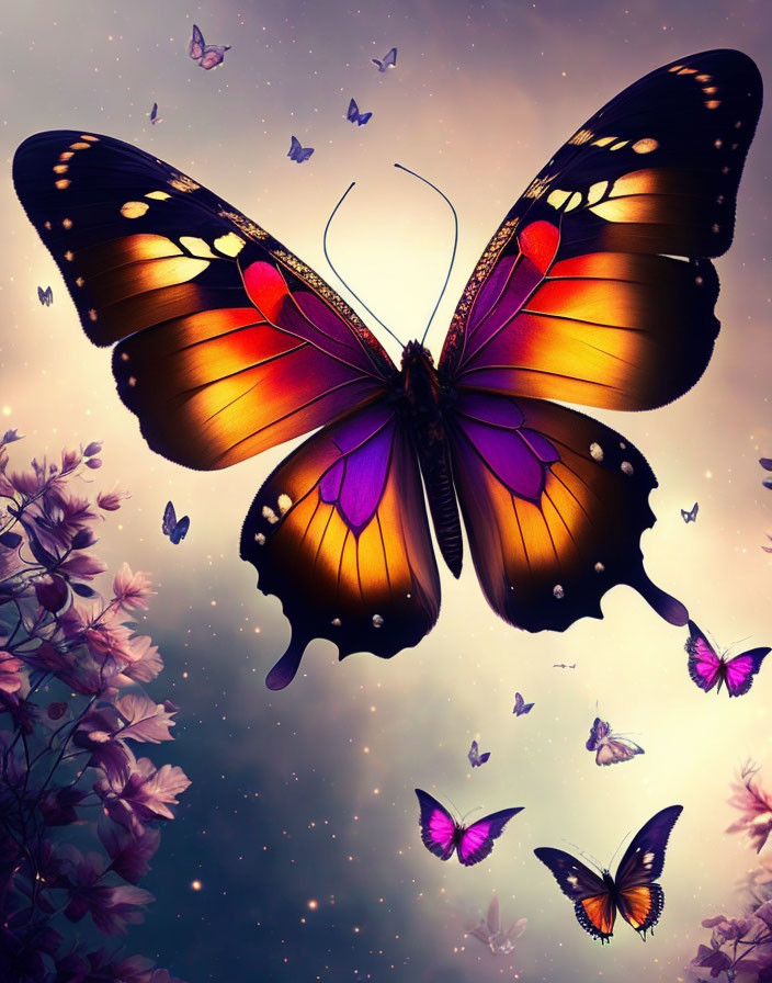 Colorful digital artwork: Oversized butterfly, smaller butterflies, purple flowers, and dusk sky.