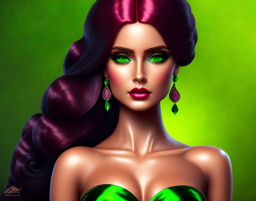 Vibrant green-eyed woman with purple hair and green attire on green backdrop