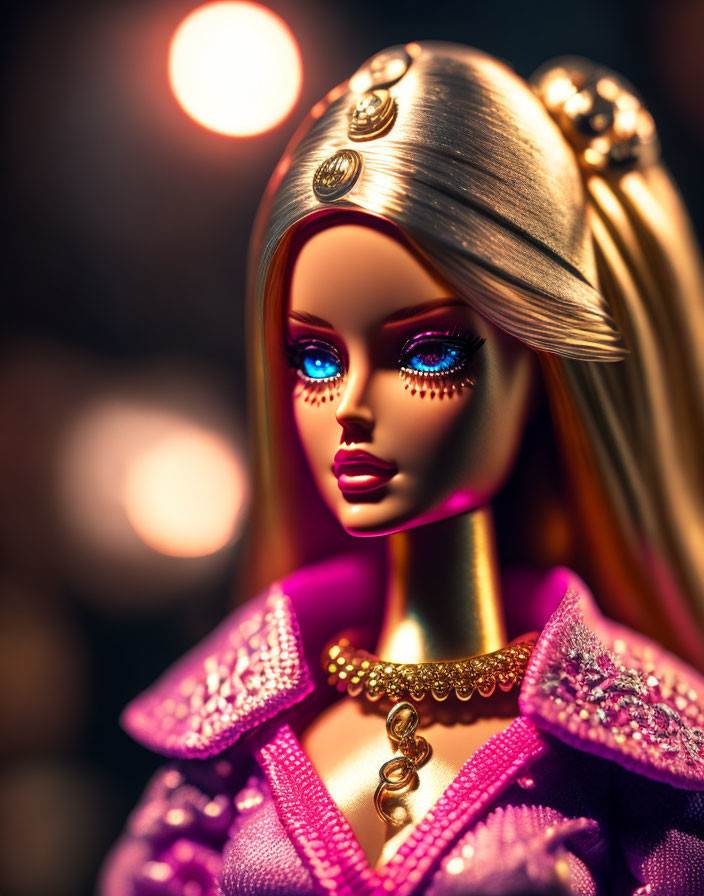 Stylized doll with sparkling makeup and golden jewelry under warm lights