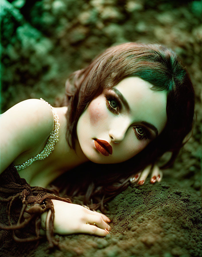 Human-like doll with vivid makeup and green eyes lying down solemnly