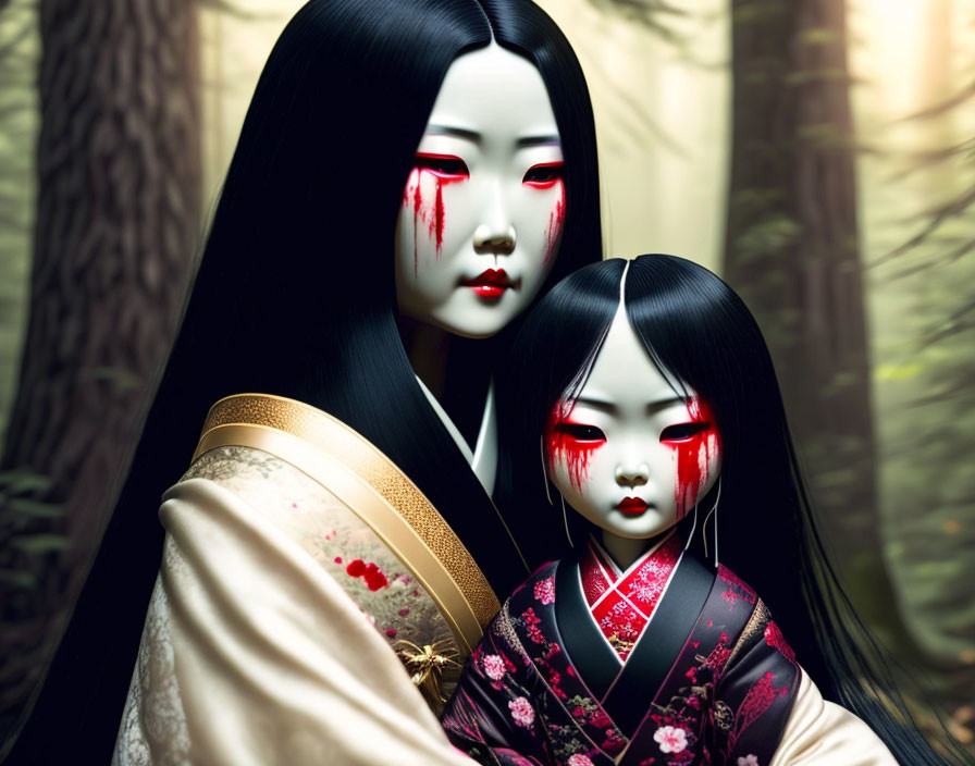 Pale-faced dolls in kimonos against misty bamboo forest