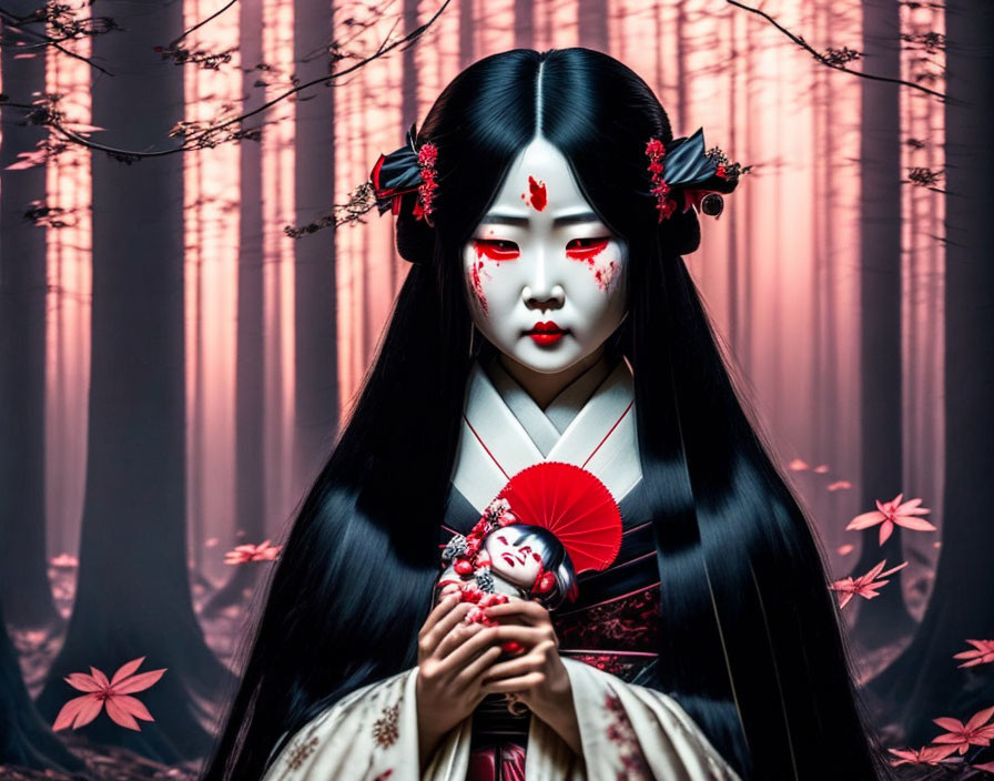 Person with White and Red Face Makeup Holding Fan in Mystical Forest with Pink Leaves