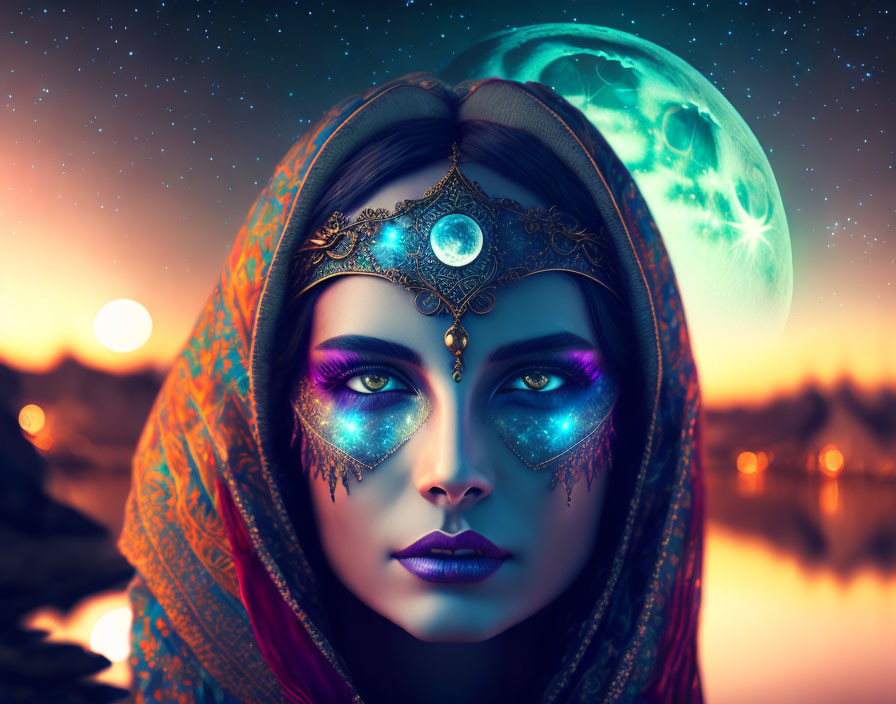 Mystical woman with vibrant makeup in twilight setting