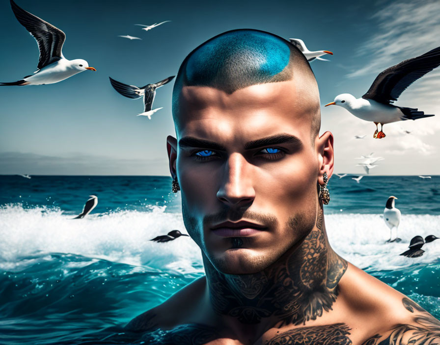 Man with tattooed neck and blue Mohawk emerges from sea with seagulls and waves