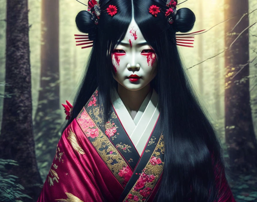 Traditional Japanese attire with white and red makeup in bamboo forest