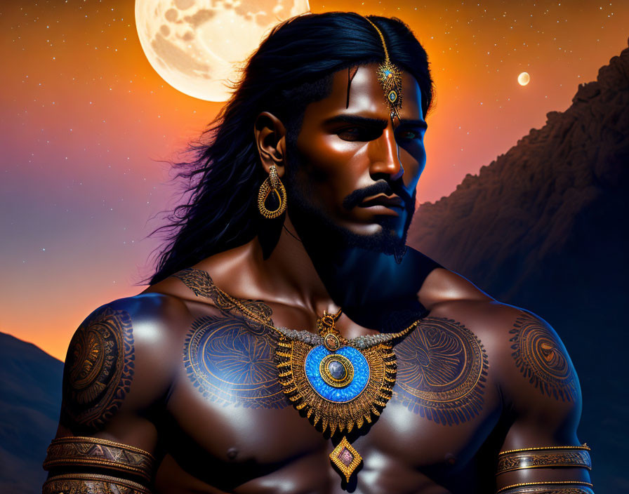 Muscular man with long hair in traditional jewelry in moonlit desert.