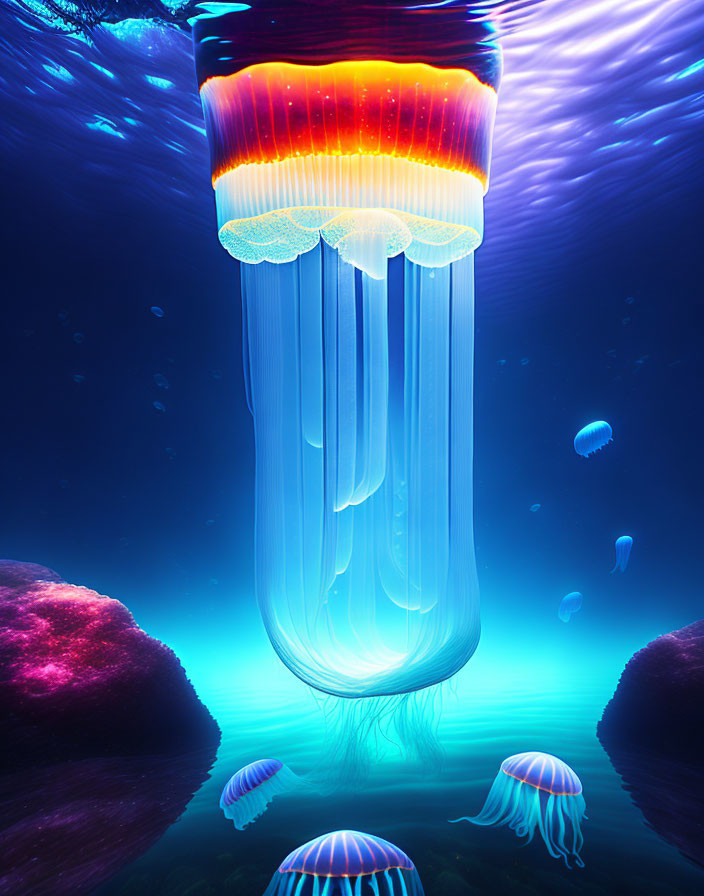 Underwater scene with glowing jellyfish and colorful coral formations