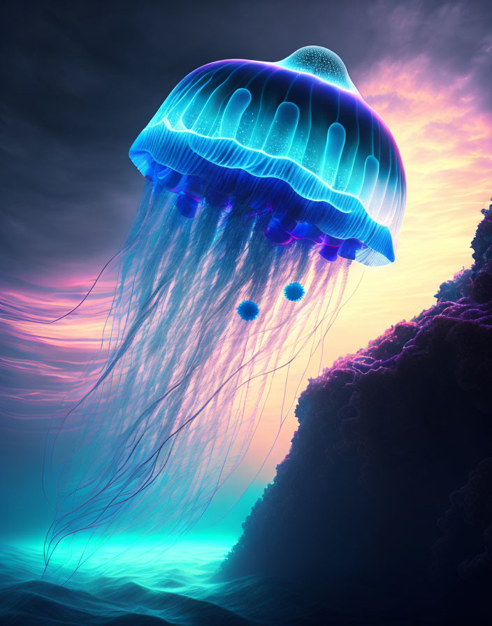 Bioluminescent jellyfish near rocky underwater landscape