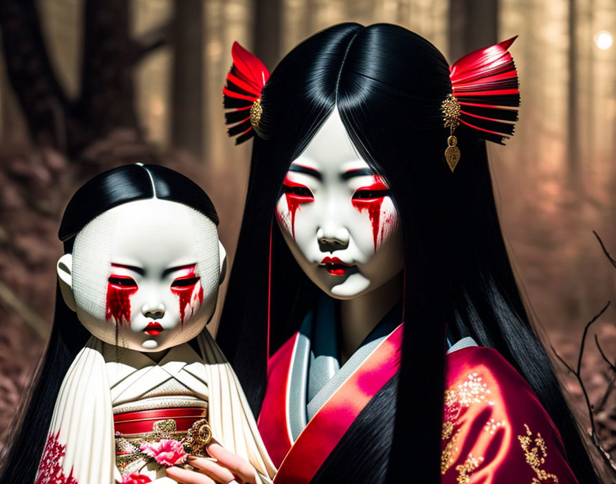 Japanese traditional attire dolls with Kabuki-inspired makeup on blurred background