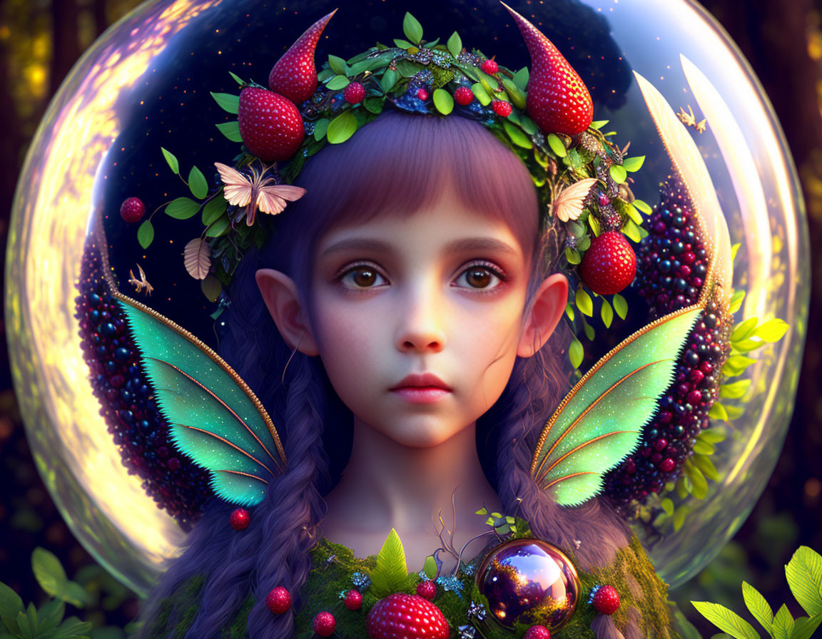 Fantastical creature with elfin ears and butterflies in forest bubble