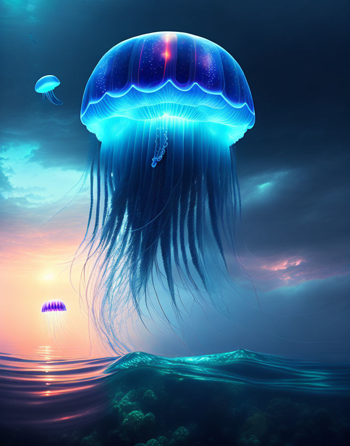 Translucent blue jellyfish with tentacles in ocean at dusk