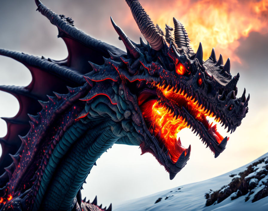 Majestic dragon with glowing eyes in snowy sunset scene