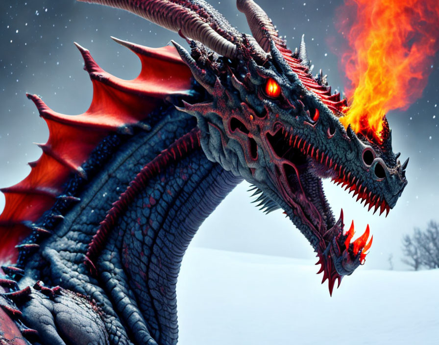 Red-scaled dragon breathing fire in snowy landscape