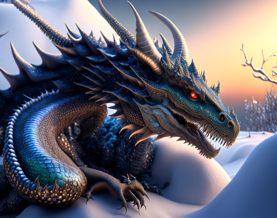 Majestic blue dragon with orange eyes in snowy twilight landscape