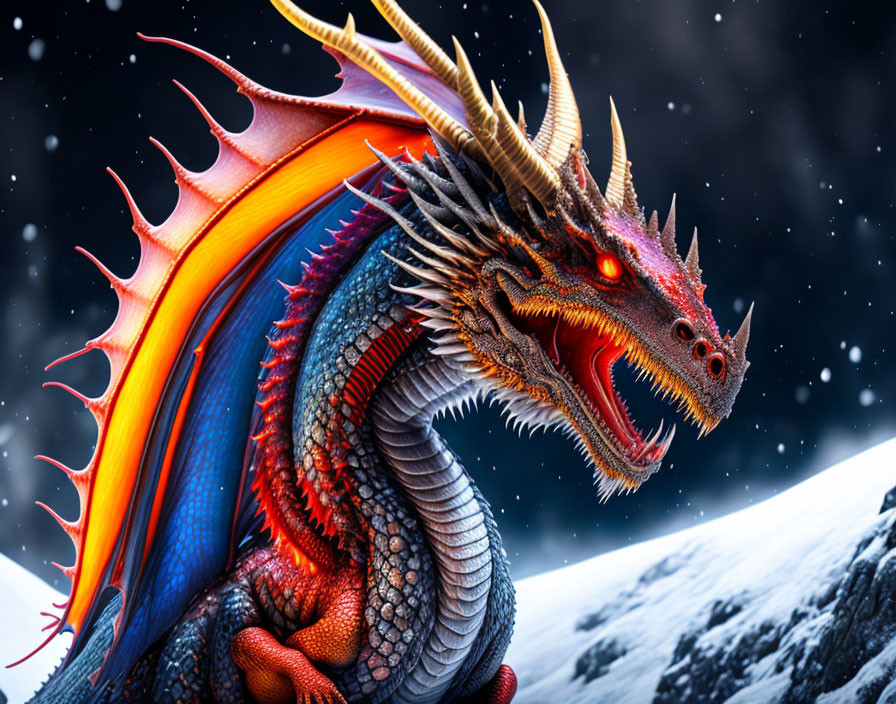 Detailed dragon illustration with fiery wings in snowy mountain scene