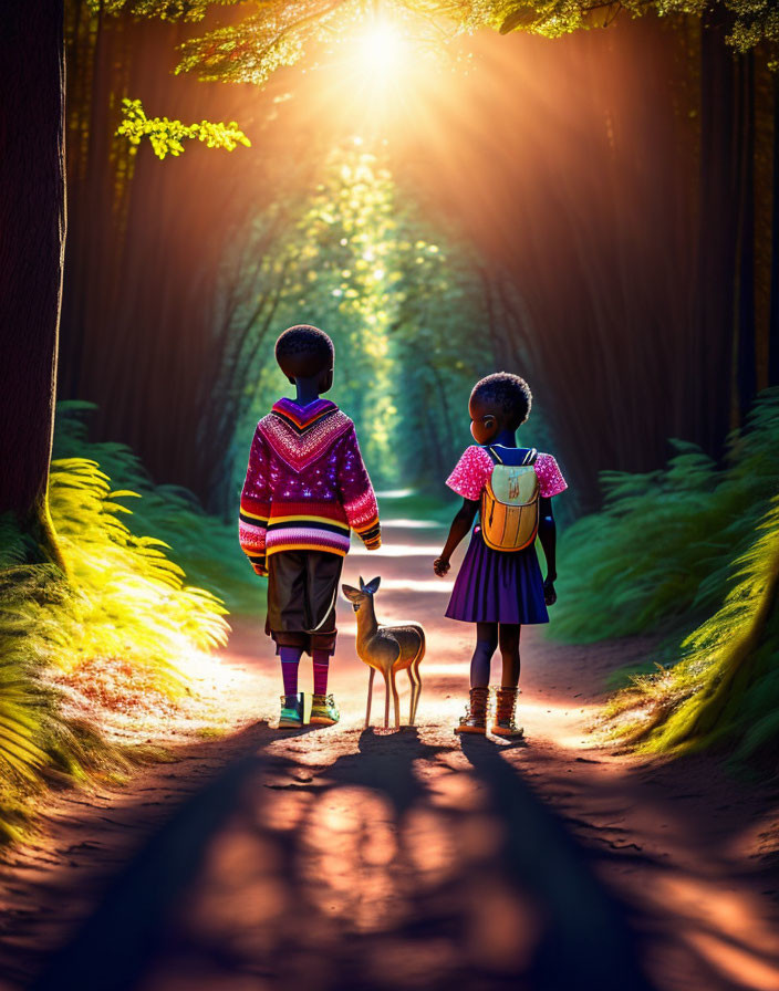 Children walking with small deer in forest under sunlight.