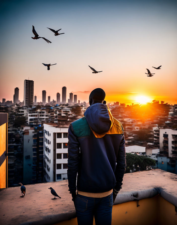 Person on Rooftop at Sunset Observing City Skyline with Birds in Golden-lit Sky