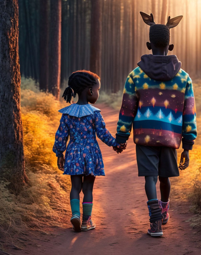 Children walking hand in hand in a sunlit forest path