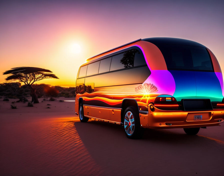 Colorful Neon-Lit Bus in Desert Sunset Scene