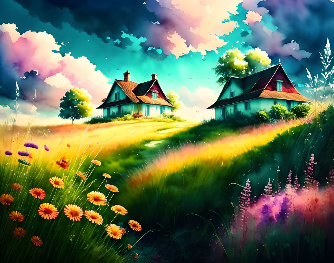 Colorful Countryside Scene with Two Cottages and Lush Fields