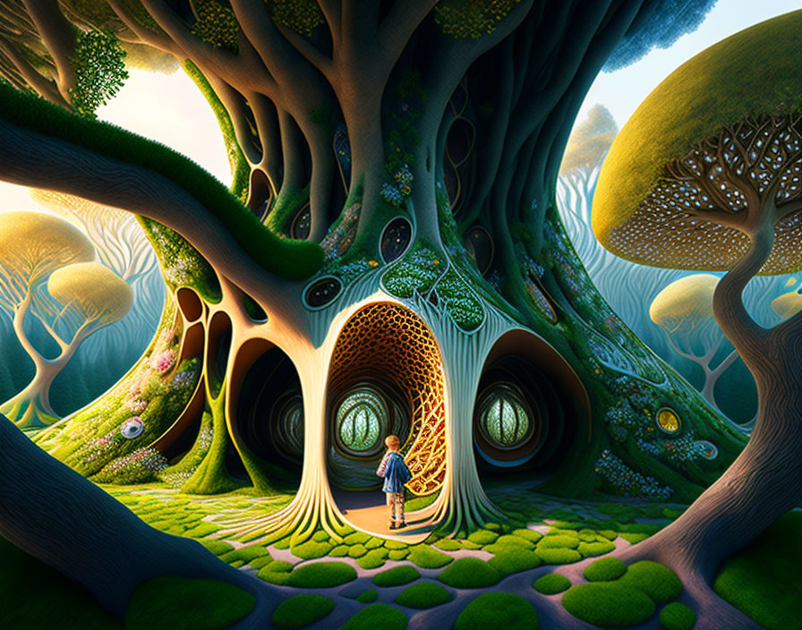 Surreal forest scene with oversized trees and small figure by radiant light