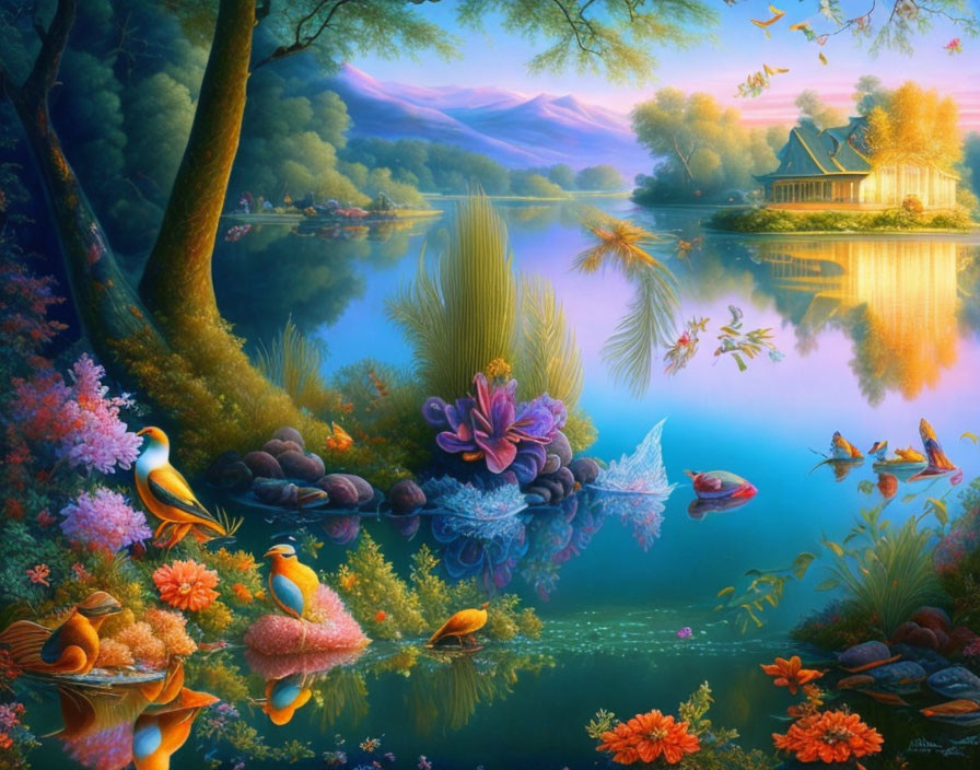 Colorful Fantasy Landscape with Birds, Fish, Lake, Trees, and Cottage