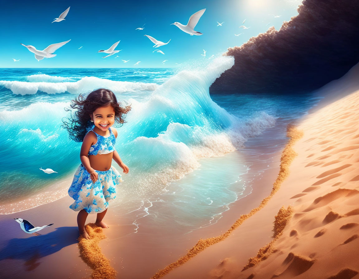 Young girl in blue dress playing on sandy beach with crashing waves and flying seagulls in picturesque scene