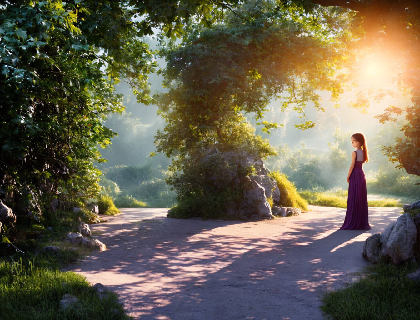 Woman in Purple Dress at Sunlit Fork in Woodland Path