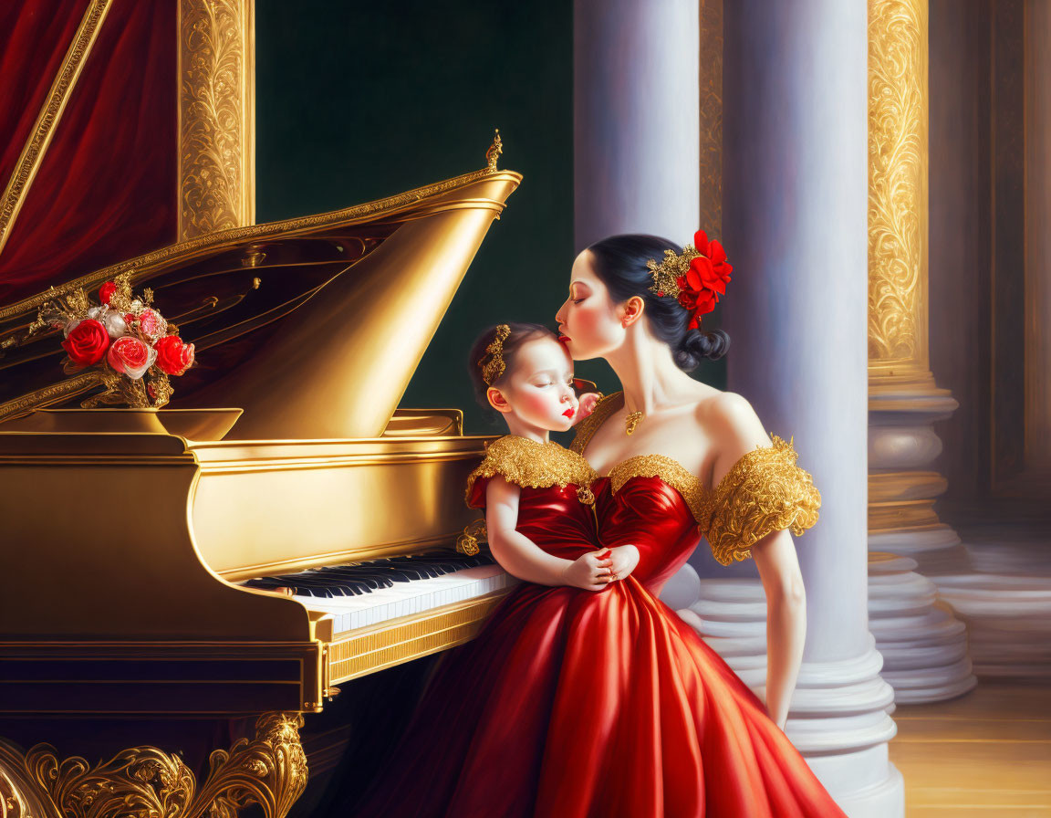 Woman in red dress kisses child by grand piano and columns