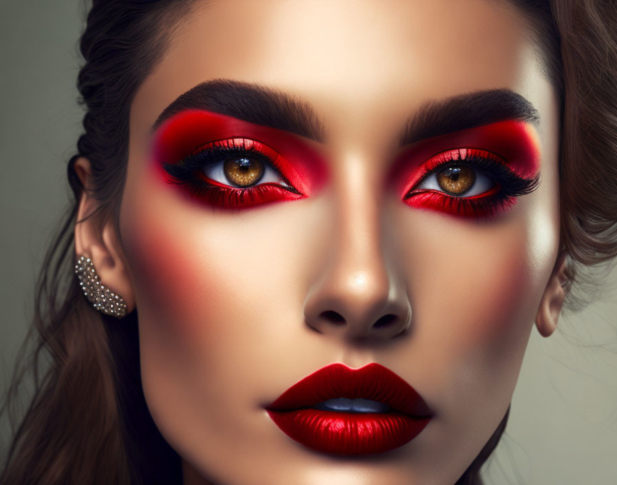 Close-up of woman with bold red eyeshadow, striking eyeliner, and red lipstick