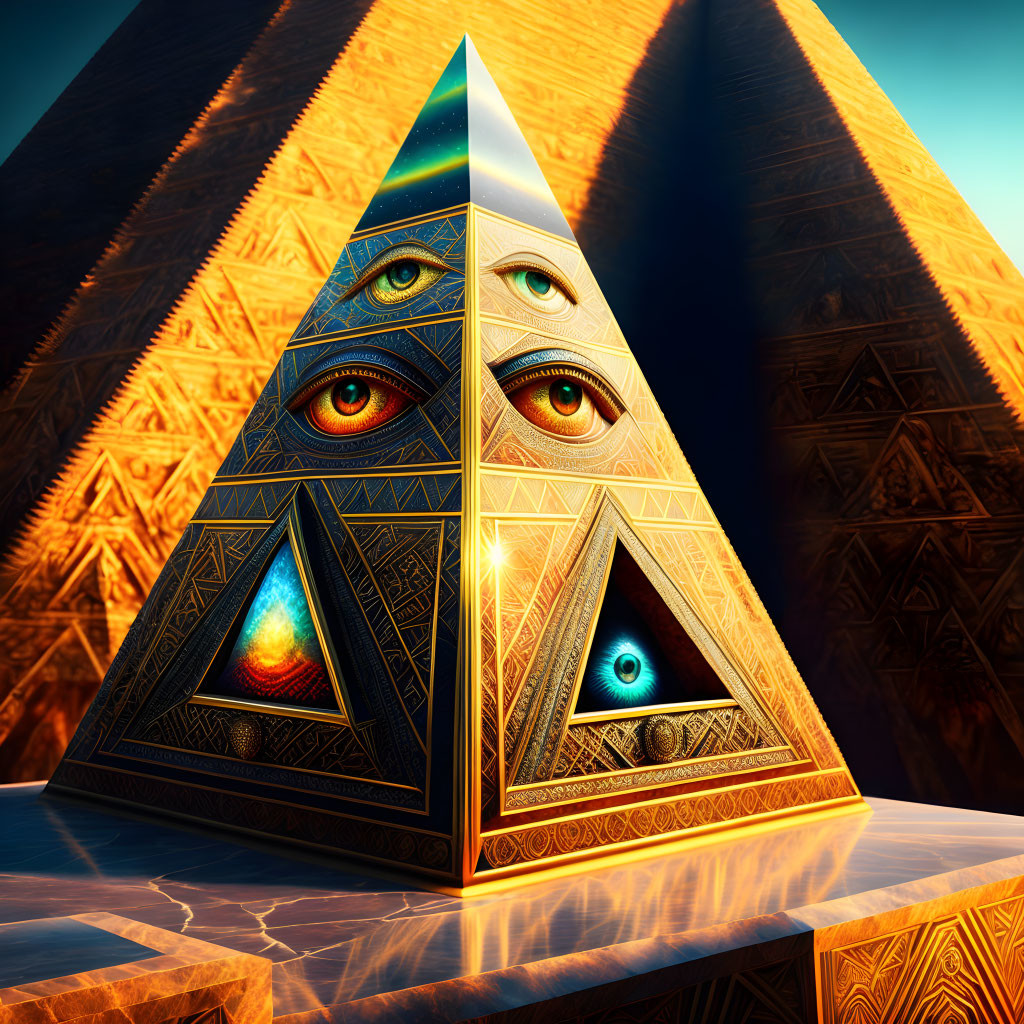 Golden pyramid with multiple eyes in Egyptian landscape