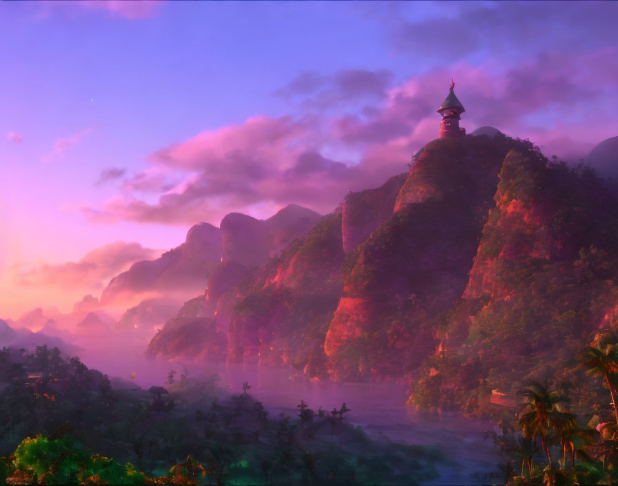 Mystical landscape with pagoda on verdant peak at dawn