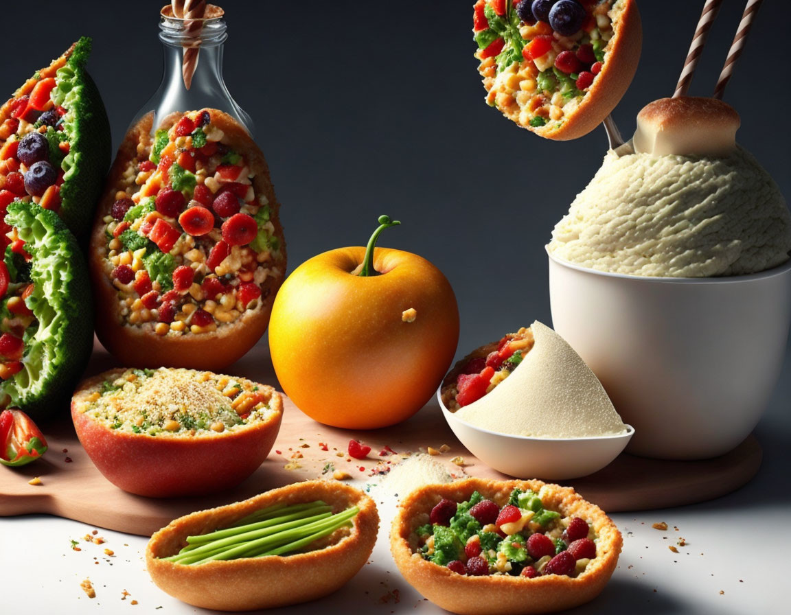 Colorful Fruit Halves with Toppings and Ice Cream on Dark Background