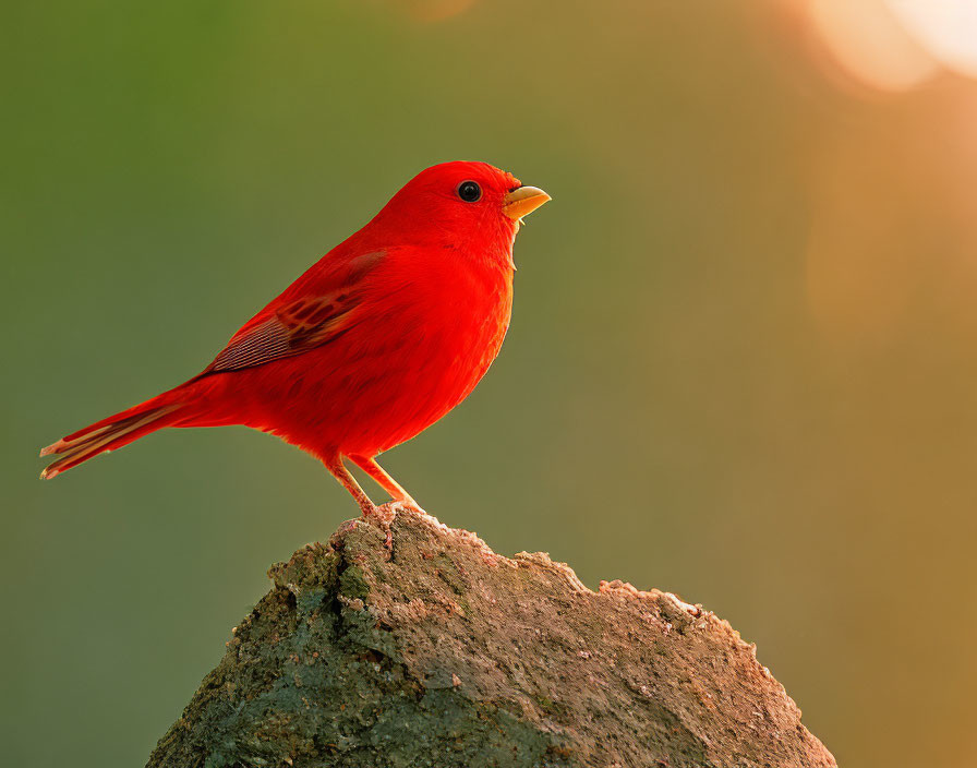 Vibrant red bird perched on rock with green background in golden light