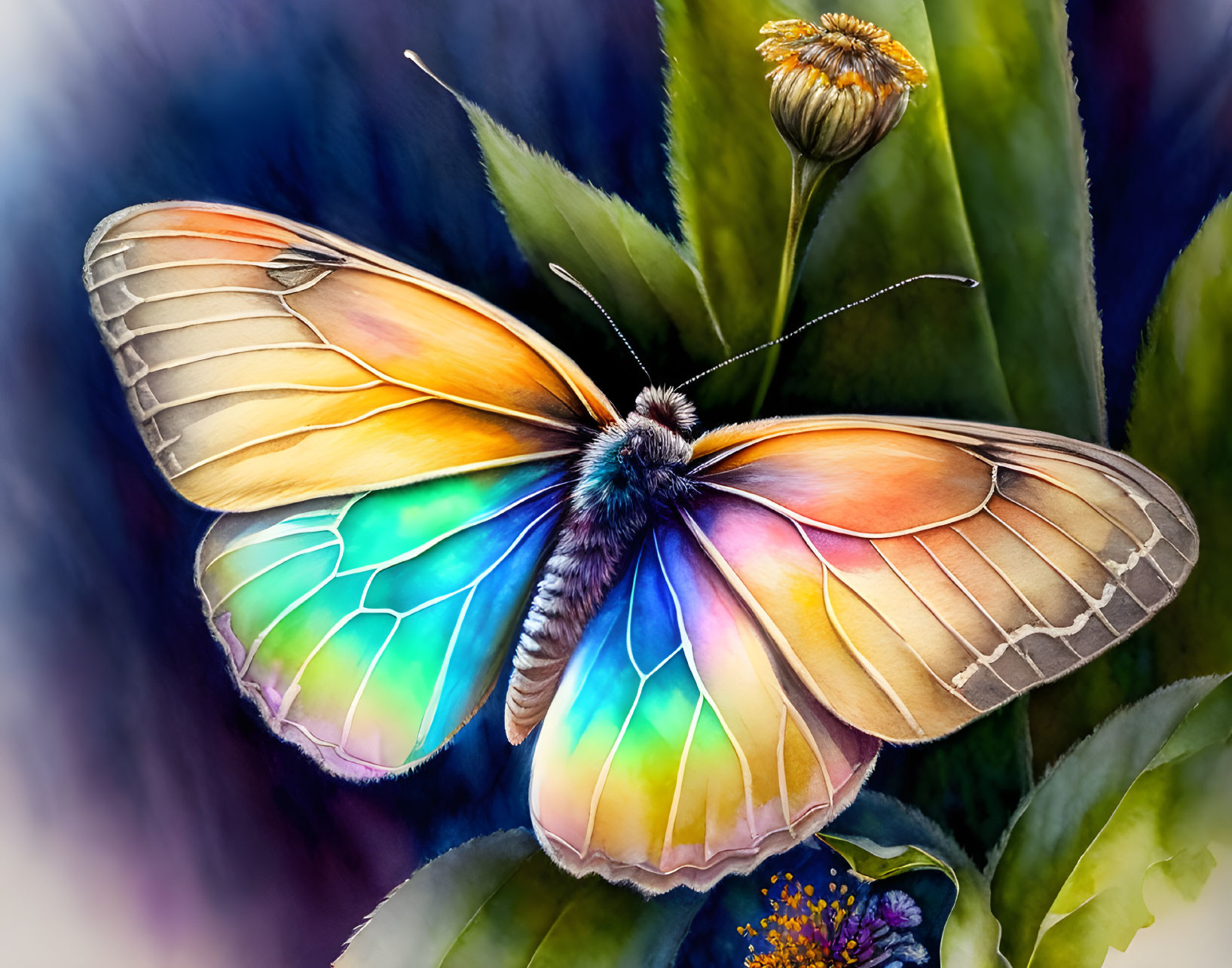 Colorful Butterfly with Iridescent Wings on Flower and Green Leaves