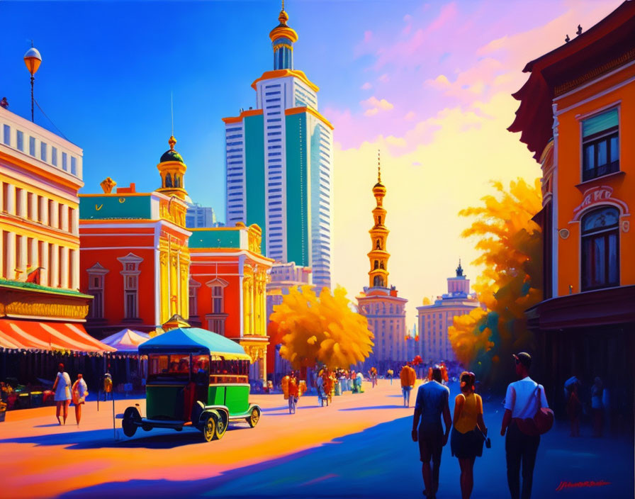 Cityscape with diverse architecture and pedestrians under golden sunset sky