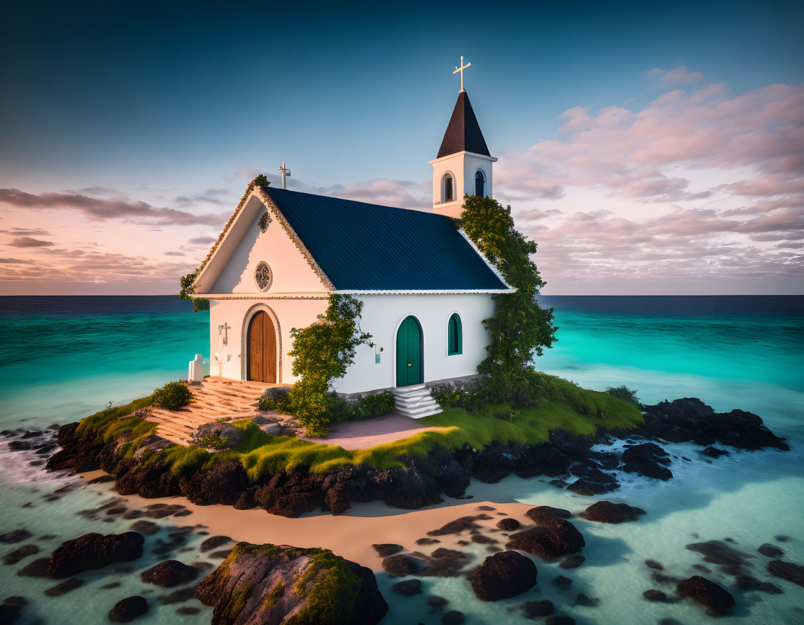 White Chapel on Islet Surrounded by Turquoise Waters at Dusk