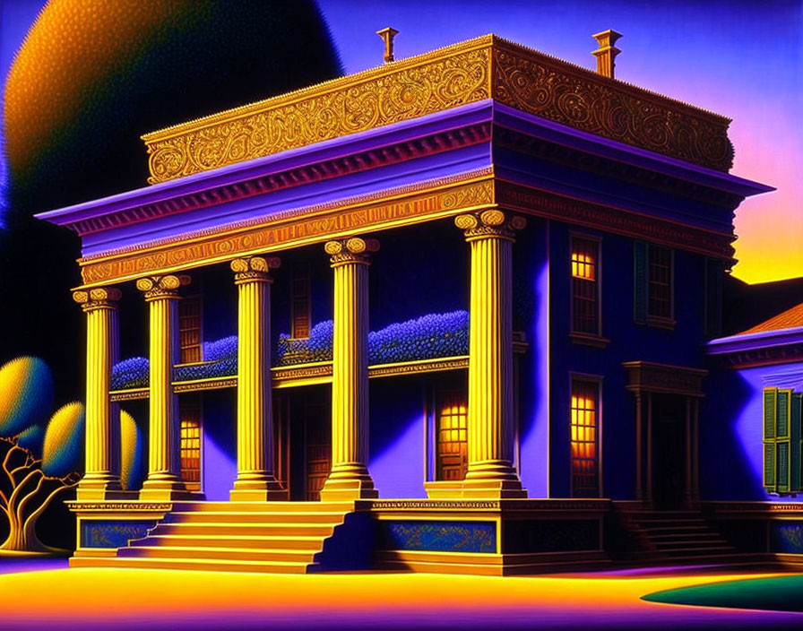 Vibrant neoclassical building with ornate columns in surreal night scene