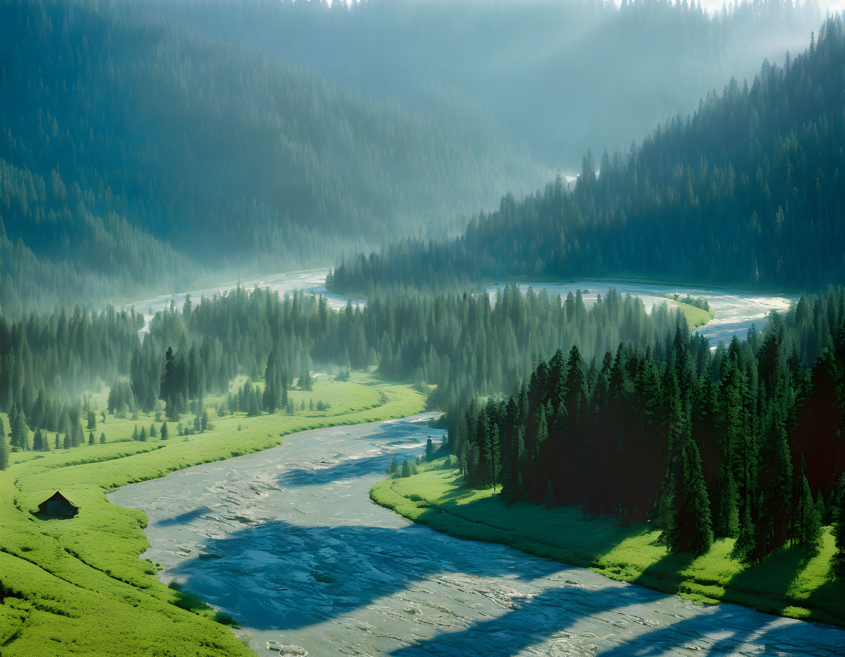 Serene River in Lush Green Valley with Cabin