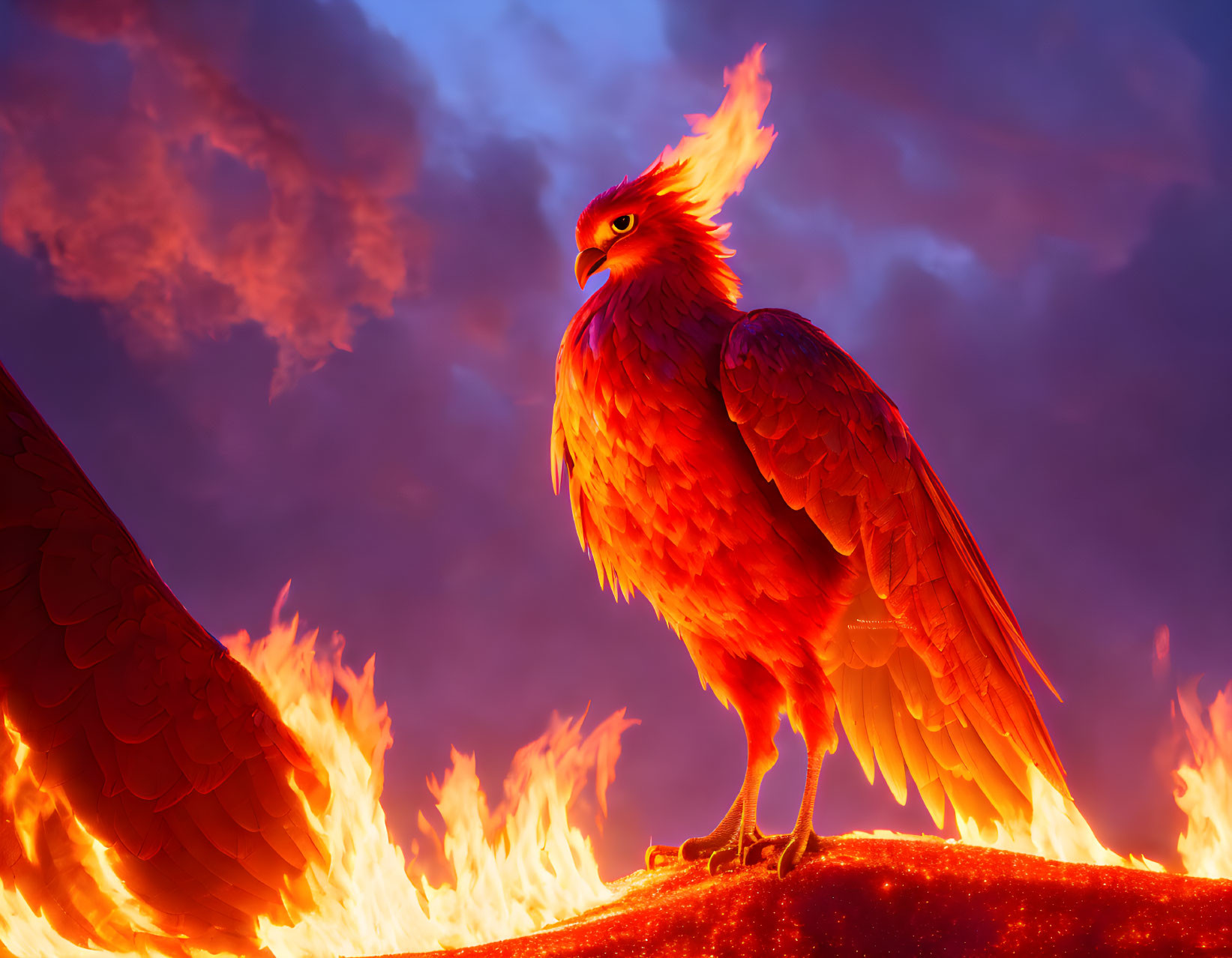 Fiery phoenix perched on blazing summit amid crimson skies