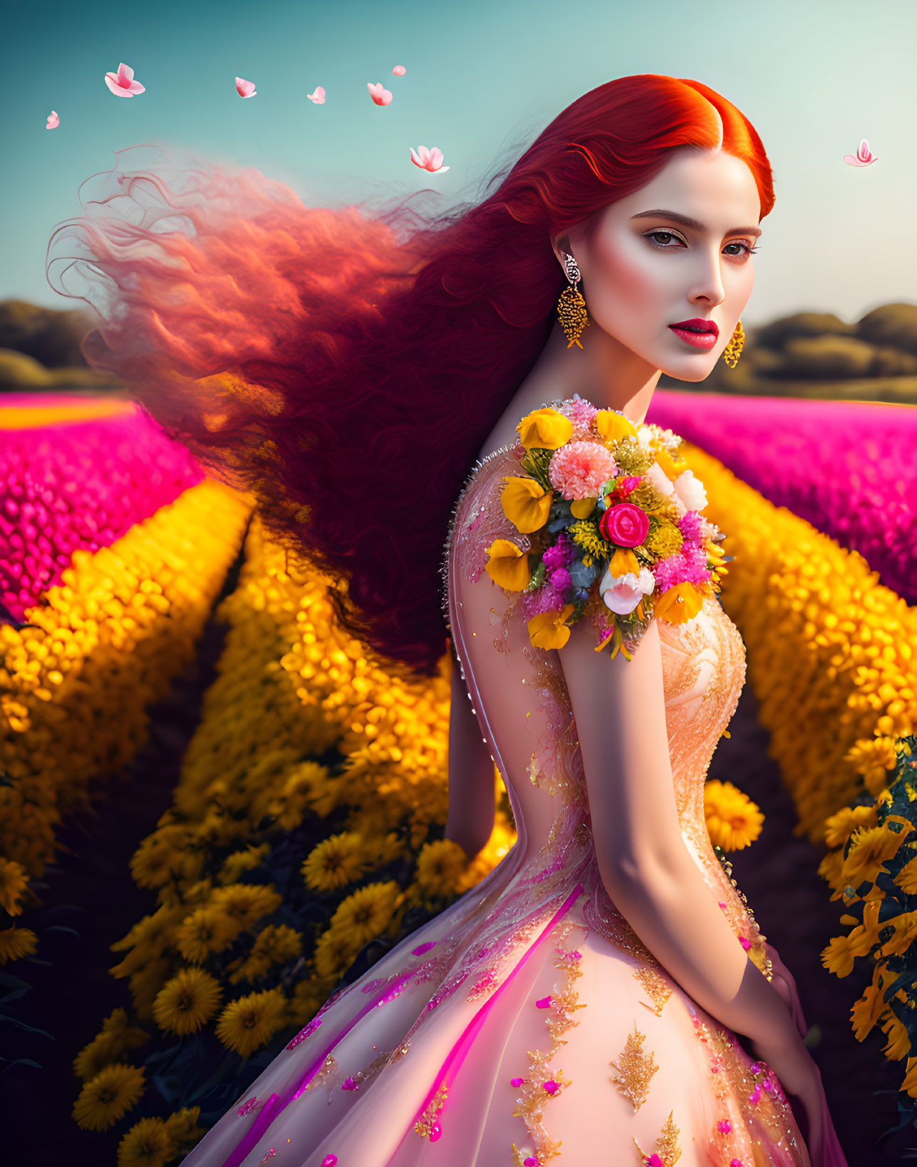 Redhead woman in flower field