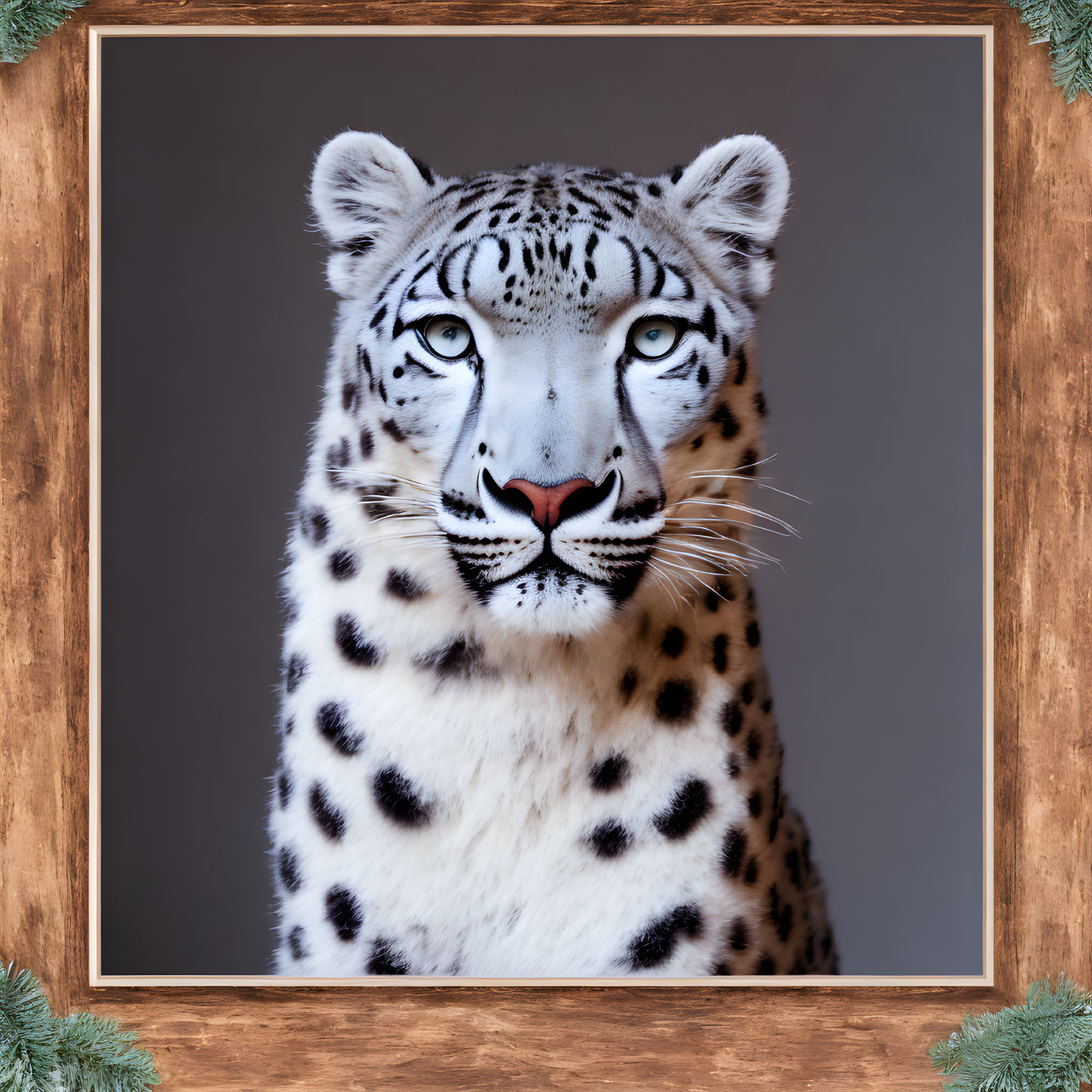 Snow leopard portrait with wooden frame and evergreen sprigs corners