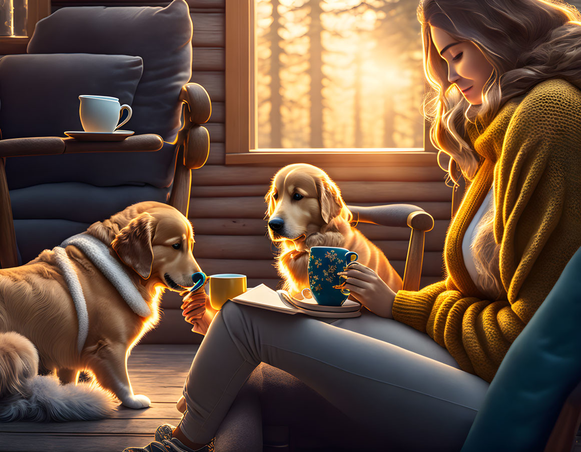 Woman in cozy sweater sips coffee with dogs in forest-view cabin